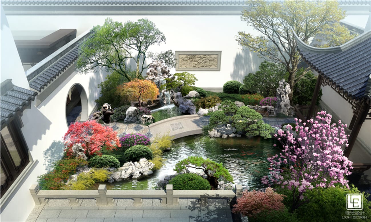 中式庭院效果一张的图片浏览,园林效 果 图,花园庭院,园林景观设计施工图纸资料下载_定鼎园林